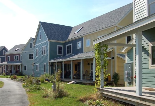 winding walking path between townhomes
